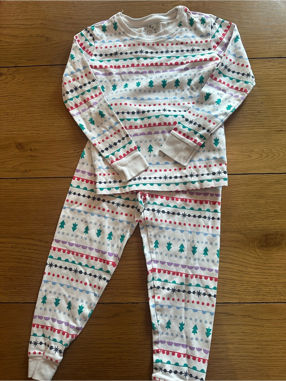 Primary White Kids Pajama Set with Green, Red, Purple & Black Accent Stripes